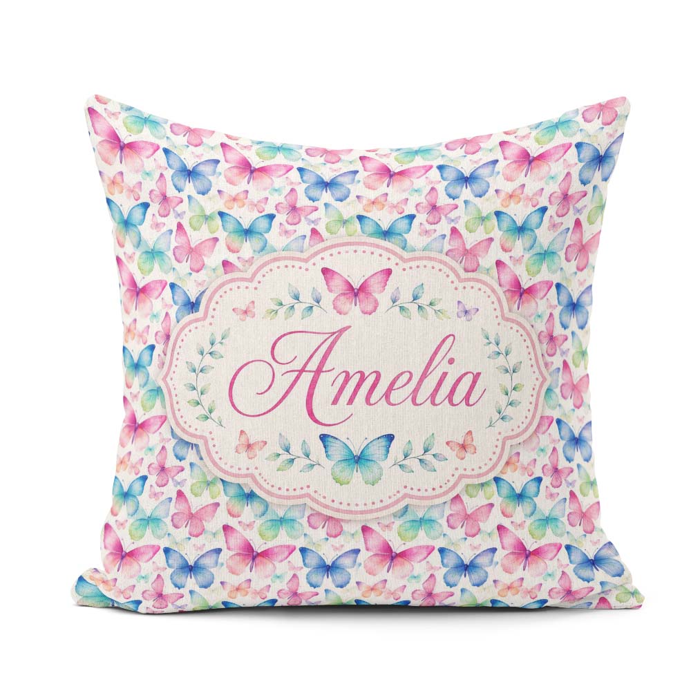 Custom Name Pastel Gradient Butterflies in Soft Pink and Pattern Square Filled Cushion Throw Pillow Sofa Bed Home Decor Zip Washable UK Made