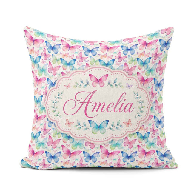Custom Name Pastel Gradient Butterflies in Soft Pink and Pattern Square Filled Cushion Throw Pillow Sofa Bed Home Decor Zip Washable UK Made
