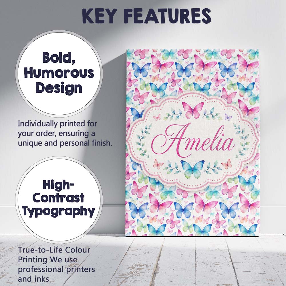 Personalised Name Pastel Gradient Butterflies Custom Unique Gift Idea Modern Room Accent Canvas Wall Art Print Decor Picture Ready to Hang