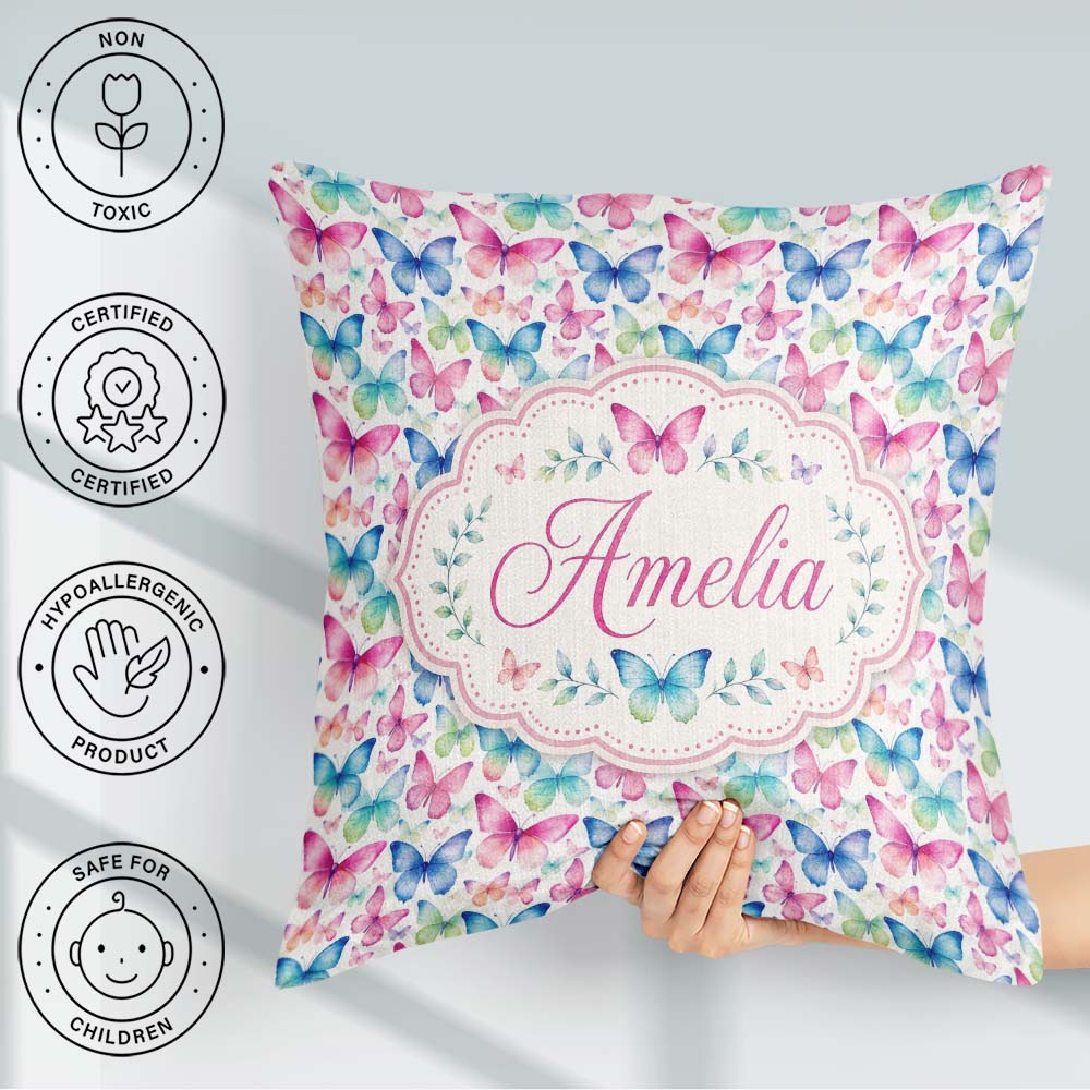 Custom Name Pastel Gradient Butterflies in Soft Pink and Pattern Square Filled Cushion Throw Pillow Sofa Bed Home Decor Zip Washable UK Made