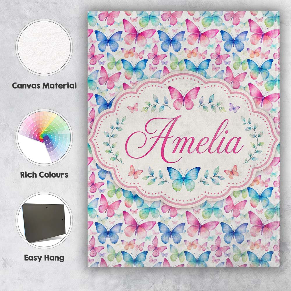 Personalised Name Pastel Gradient Butterflies Custom Unique Gift Idea Modern Room Accent Canvas Wall Art Print Decor Picture Ready to Hang
