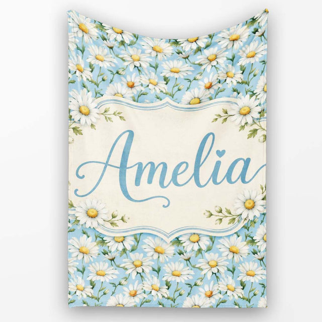 Classic White Daisies on Blue Background Seamless Pattern Lovely  Personalised Custom Name Super Soft Fleece Blanket Bed Sofa Throw