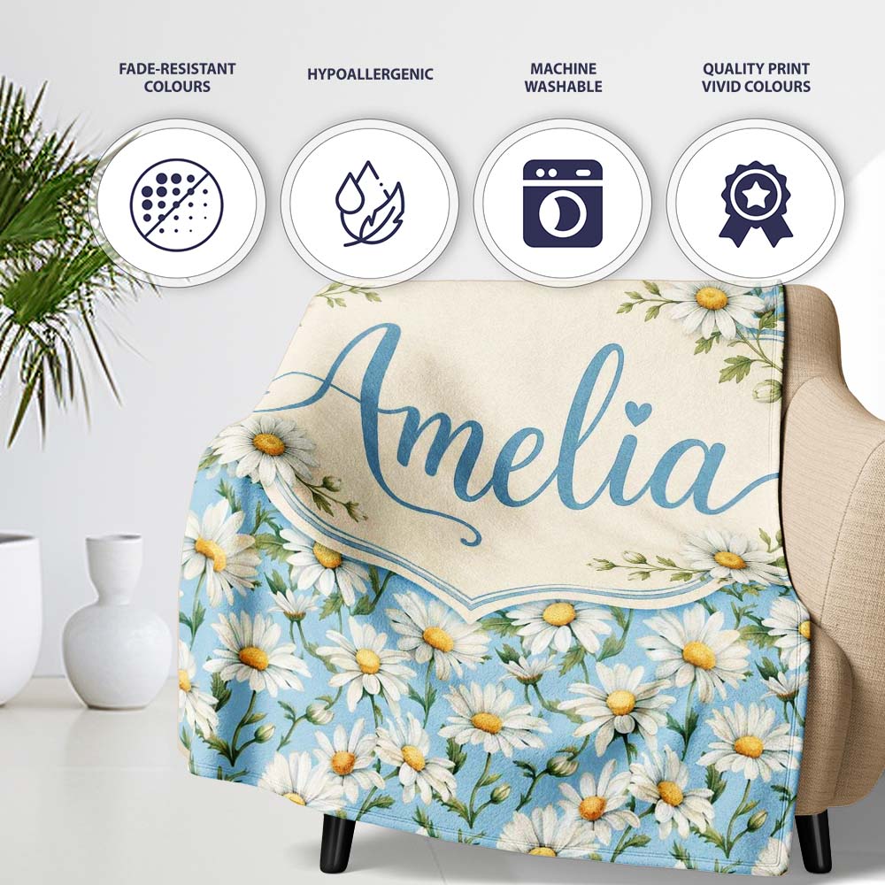 Classic White Daisies on Blue Background Seamless Pattern Lovely  Personalised Custom Name Super Soft Fleece Blanket Bed Sofa Throw
