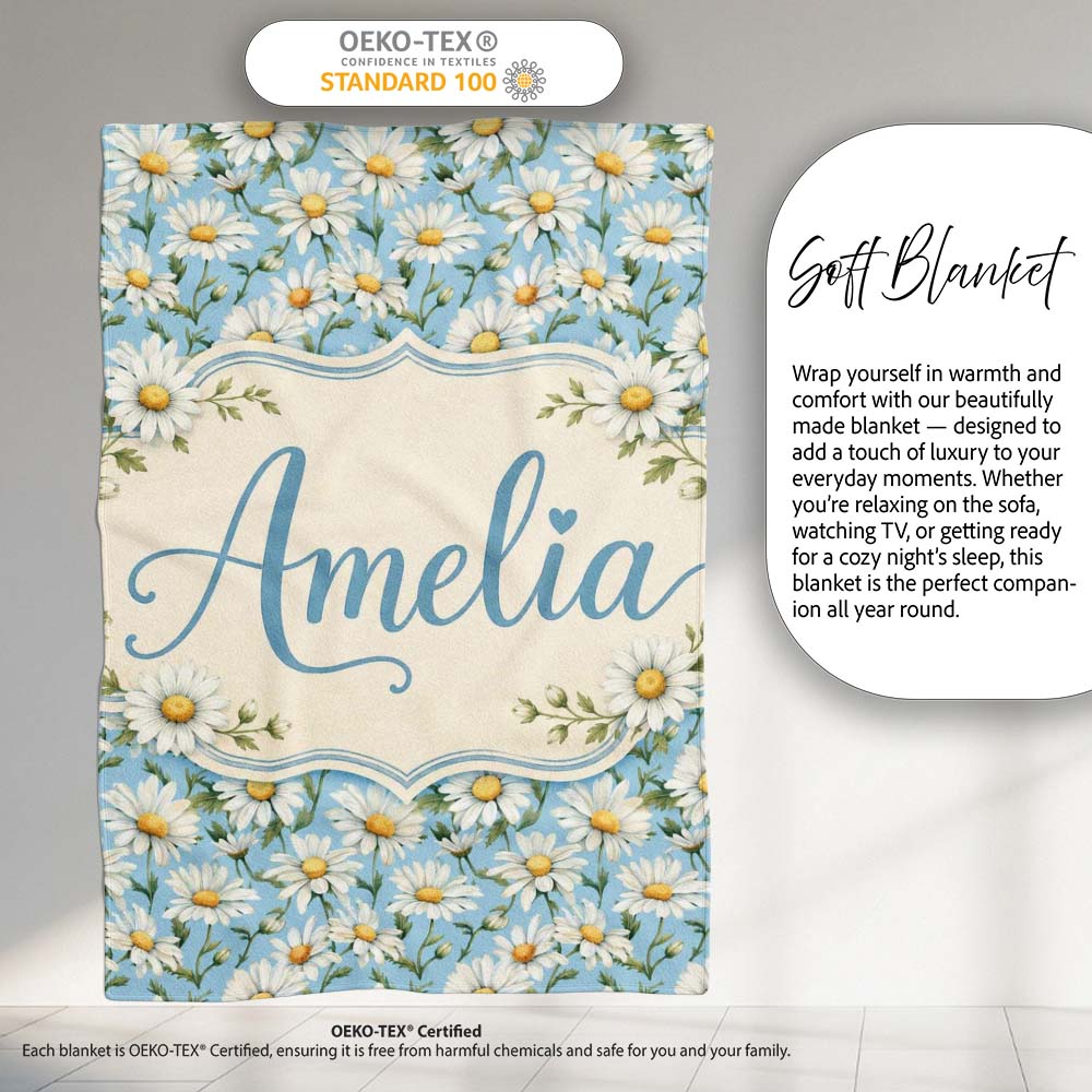 Classic White Daisies on Blue Background Seamless Pattern Lovely  Personalised Custom Name Super Soft Fleece Blanket Bed Sofa Throw
