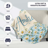Classic White Daisies on Blue Background Seamless Pattern Lovely  Personalised Custom Name Super Soft Fleece Blanket Bed Sofa Throw