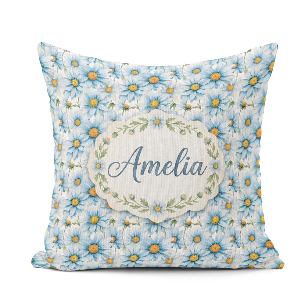 Custom Name Large Blue Daisy Floral Pattern with Detail Seamless Square Filled Cushion Throw Pillow Sofa Bed Home Decor Zip Washable UK Made
