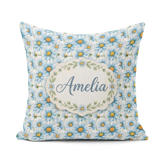 Custom Name Large Blue Daisy Floral Pattern with Detail Seamless Square Filled Cushion Throw Pillow Sofa Bed Home Decor Zip Washable UK Made