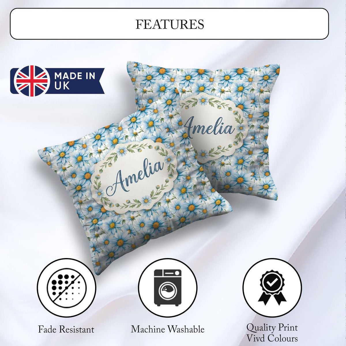 Custom Name Large Blue Daisy Floral Pattern with Detail Seamless Square Filled Cushion Throw Pillow Sofa Bed Home Decor Zip Washable UK Made
