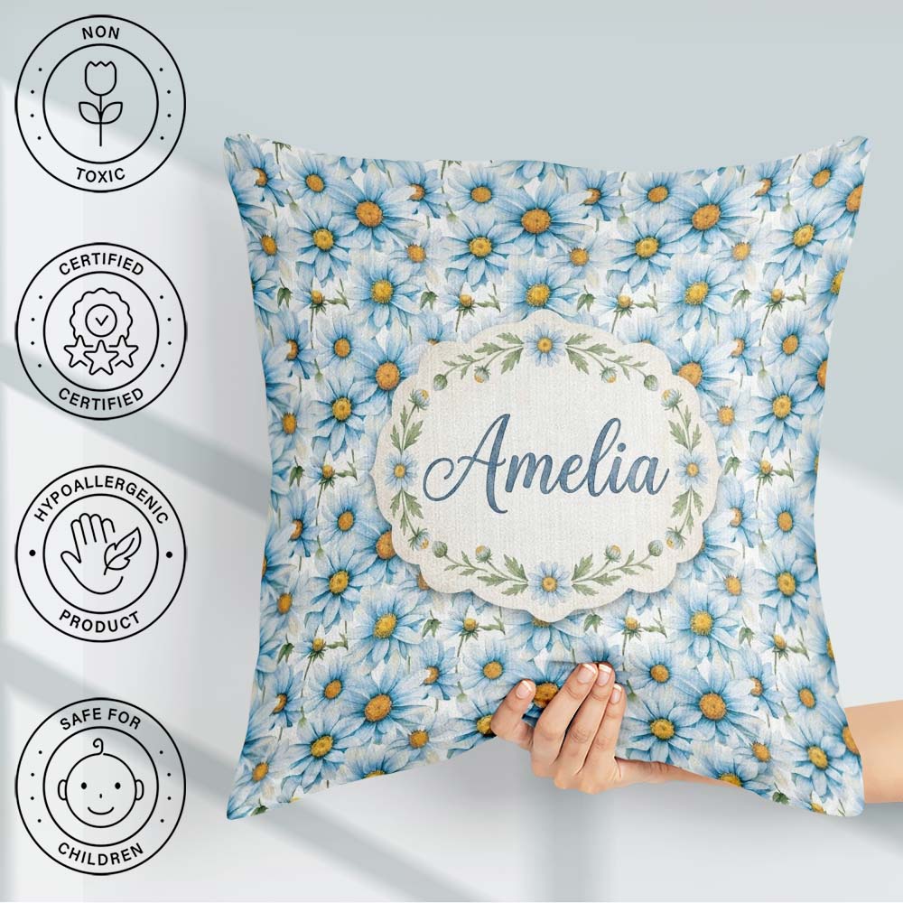 Custom Name Large Blue Daisy Floral Pattern with Detail Seamless Square Filled Cushion Throw Pillow Sofa Bed Home Decor Zip Washable UK Made