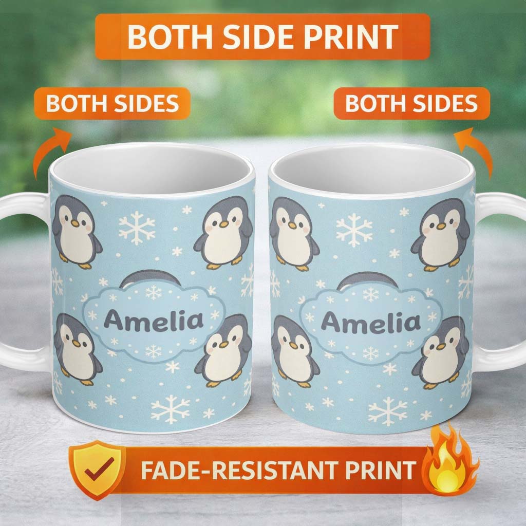 Personalized Custom Name Cute Winter Penguin Cartoon Animal Pattern Perfect Gift for Her 11oz Ceramic Coffee Tea Mug White Large Handle