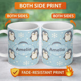 Personalized Custom Name Cute Winter Penguin Cartoon Animal Pattern Perfect Gift for Her 11oz Ceramic Coffee Tea Mug White Large Handle