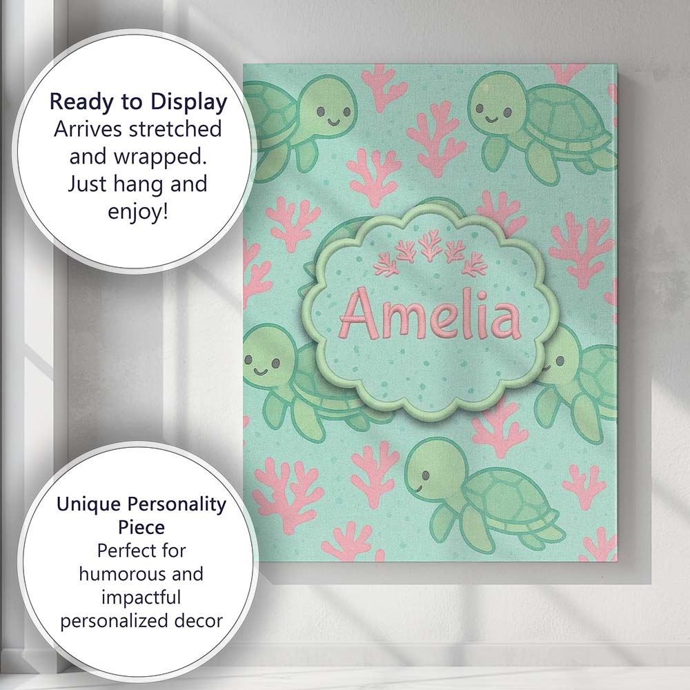 Personalised Name Cute Sea Turtle Coral Cartoon Animal Pattern Custom Modern Room Accent Canvas Wall Art Print Decor Picture Ready to Hang