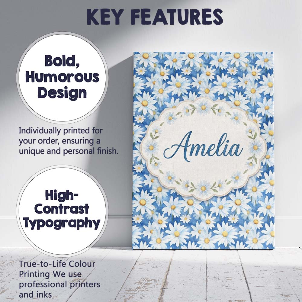 Personalised Name Blue Watercolor Daisy Custom  Modern Room Accent Elegant Feature Canvas Wall Art Print Decor Picture Ready to Hang
