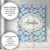 Personalised Name Blue Watercolor Daisy Custom  Modern Room Accent Elegant Feature Canvas Wall Art Print Decor Picture Ready to Hang