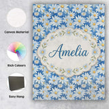 Personalised Name Blue Watercolor Daisy Custom  Modern Room Accent Elegant Feature Canvas Wall Art Print Decor Picture Ready to Hang