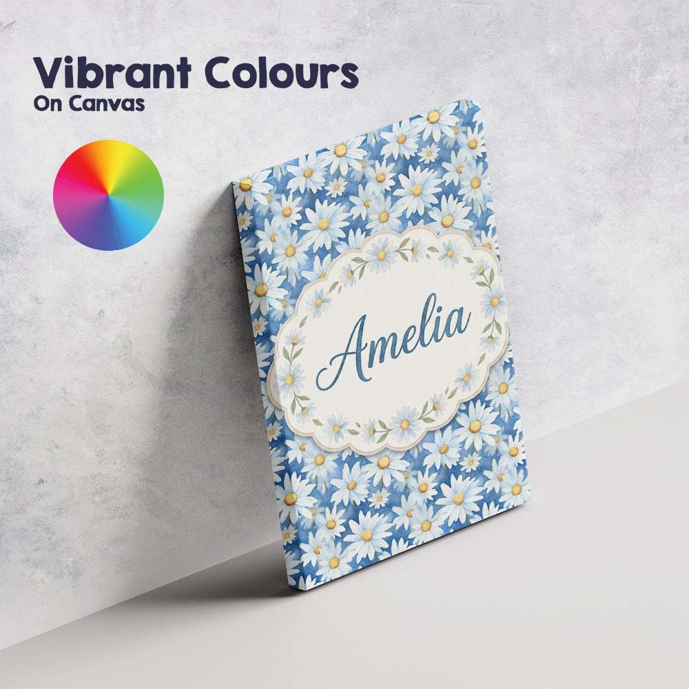 Personalised Name Blue Watercolor Daisy Custom  Modern Room Accent Elegant Feature Canvas Wall Art Print Decor Picture Ready to Hang