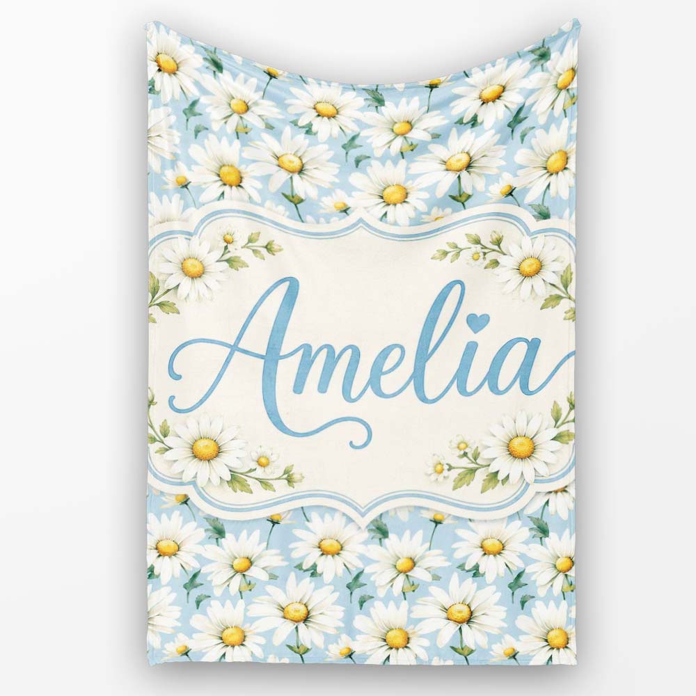 Soft Blue Background White Daisy Floral Seamless Pattern Lovely  Personalised Custom Name Super Soft Fleece Blanket Bed Sofa Throw