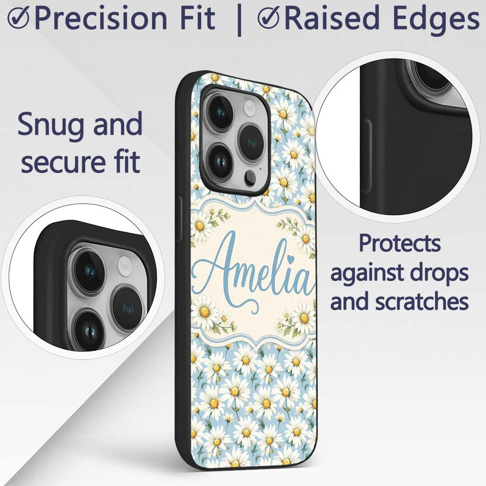 Soft Blue Background White Daisy Floral Seamless Custom Name Protective Phone Case Mobile Cover Durable Everyday Smartphone Shock Resistant