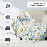 Soft Blue Background White Daisy Floral Seamless Pattern Lovely  Personalised Custom Name Super Soft Fleece Blanket Bed Sofa Throw