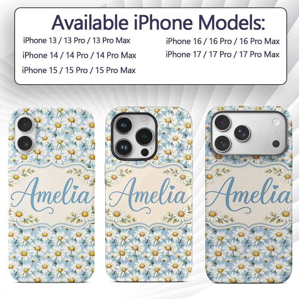Soft Blue Background White Daisy Floral Seamless Custom Name Protective Phone Case Mobile Cover Durable Everyday Smartphone Shock Resistant