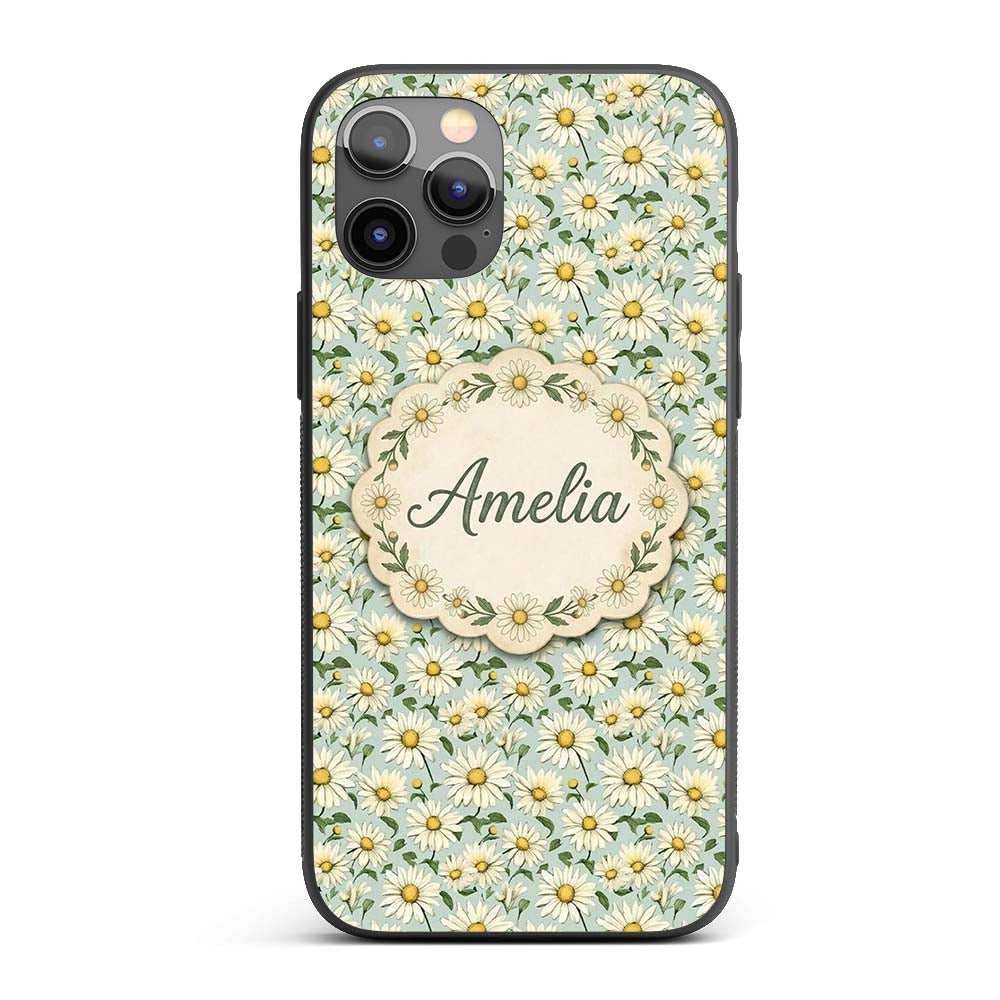 Green Background White Daisy Botanical Seamless Custom Name Protective Phone Case Mobile Cover Durable Everyday Smartphone Shock Resistant