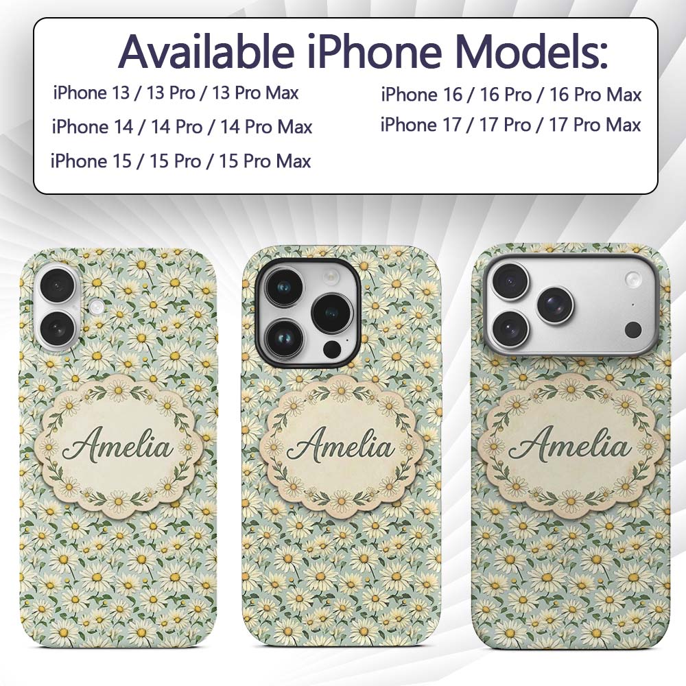 Green Background White Daisy Botanical Seamless Custom Name Protective Phone Case Mobile Cover Durable Everyday Smartphone Shock Resistant