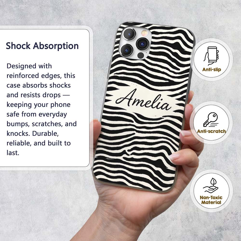 Organic Terrazzo Shapes Black Printed Design Custom Name Protective Phone Case Mobile Cover Durable Everyday Smartphone Shock Resistant