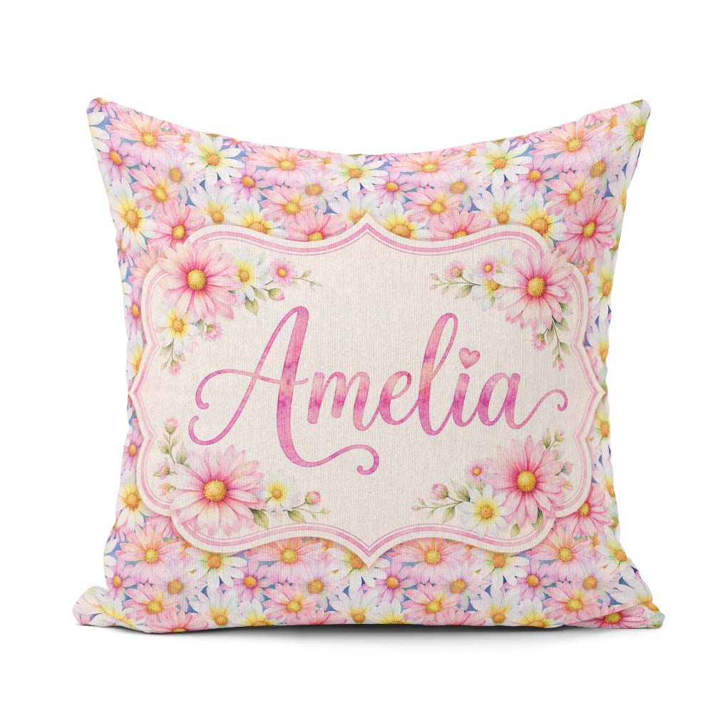 Custom Name Pastel Pink and Yellow Daisy Floral Seamless Pattern Square Filled Cushion Throw Pillow Sofa Bed Home Decor Zip Washable UK Made