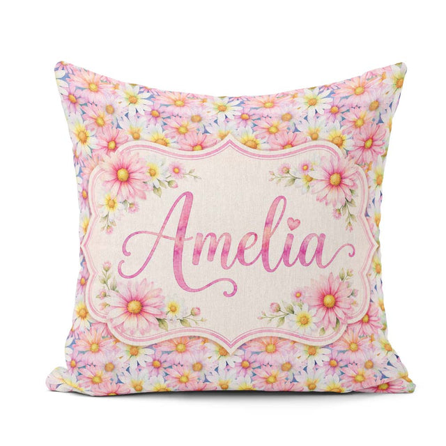 Custom Name Pastel Pink and Yellow Daisy Floral Seamless Pattern Square Filled Cushion Throw Pillow Sofa Bed Home Decor Zip Washable UK Made
