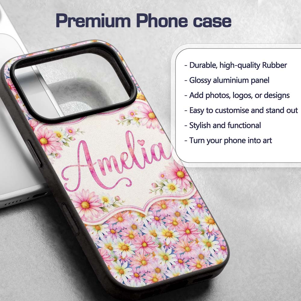 Pastel Pink and Yellow Daisy Floral Seamless Custom Name Protective Phone Case Mobile Cover Durable Everyday Smartphone Shock Resistant