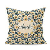 Custom Name Navy Background Yellow Daisy Floral Seamless Pattern Square Filled Cushion Throw Pillow Sofa Bed Home Decor Zip Washable UK Made