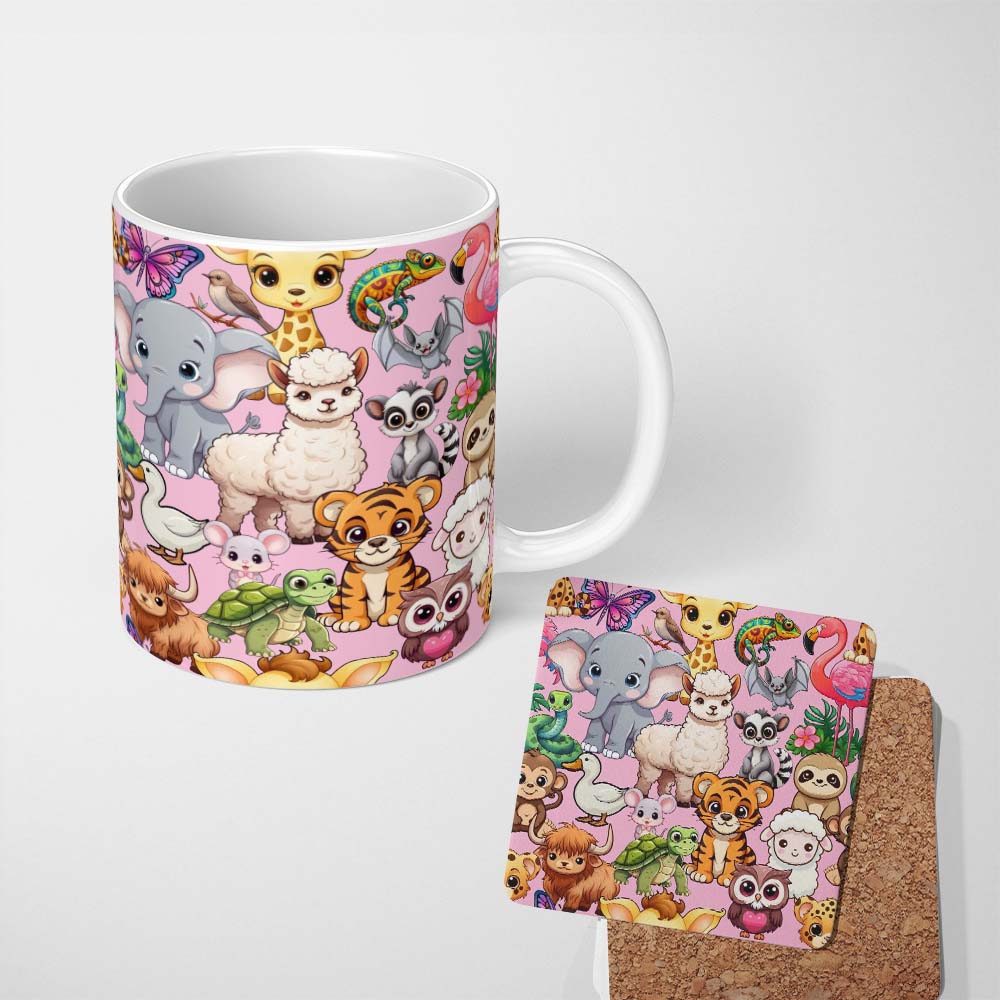 Personalized Custom Name Cute Cartoon Jungle Safari Animals Seamless Pattern on Light Pink 11oz Ceramic Coffee Tea Mug White Large Handle