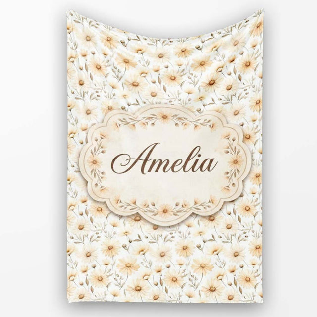 Soft Beige Daisy Floral Botanical Seamless Pattern Cute Unique Gift  Personalised Custom Name Super Soft Fleece Blanket Bed Sofa Throw