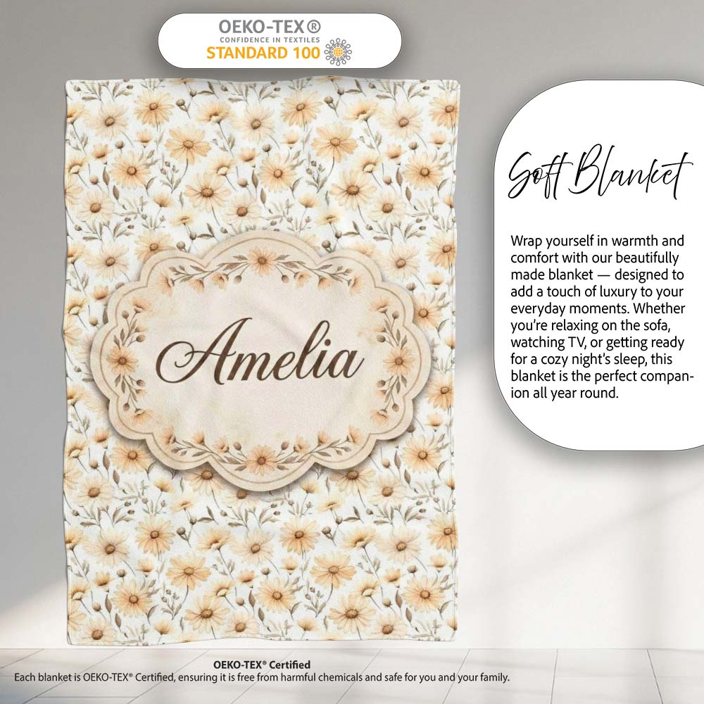 Soft Beige Daisy Floral Botanical Seamless Pattern Cute Unique Gift  Personalised Custom Name Super Soft Fleece Blanket Bed Sofa Throw