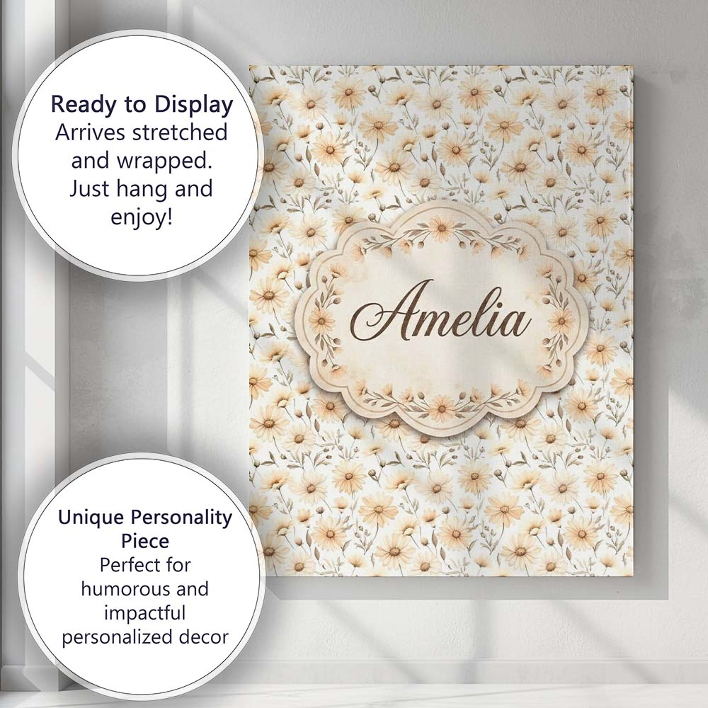 Personalised Name Soft Beige Daisy Floral Custom  Unique Gift Idea Elegant Feature Canvas Wall Art Print Decor Picture Ready to Hang