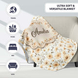 Soft Beige Daisy Floral Botanical Seamless Pattern Cute Unique Gift  Personalised Custom Name Super Soft Fleece Blanket Bed Sofa Throw