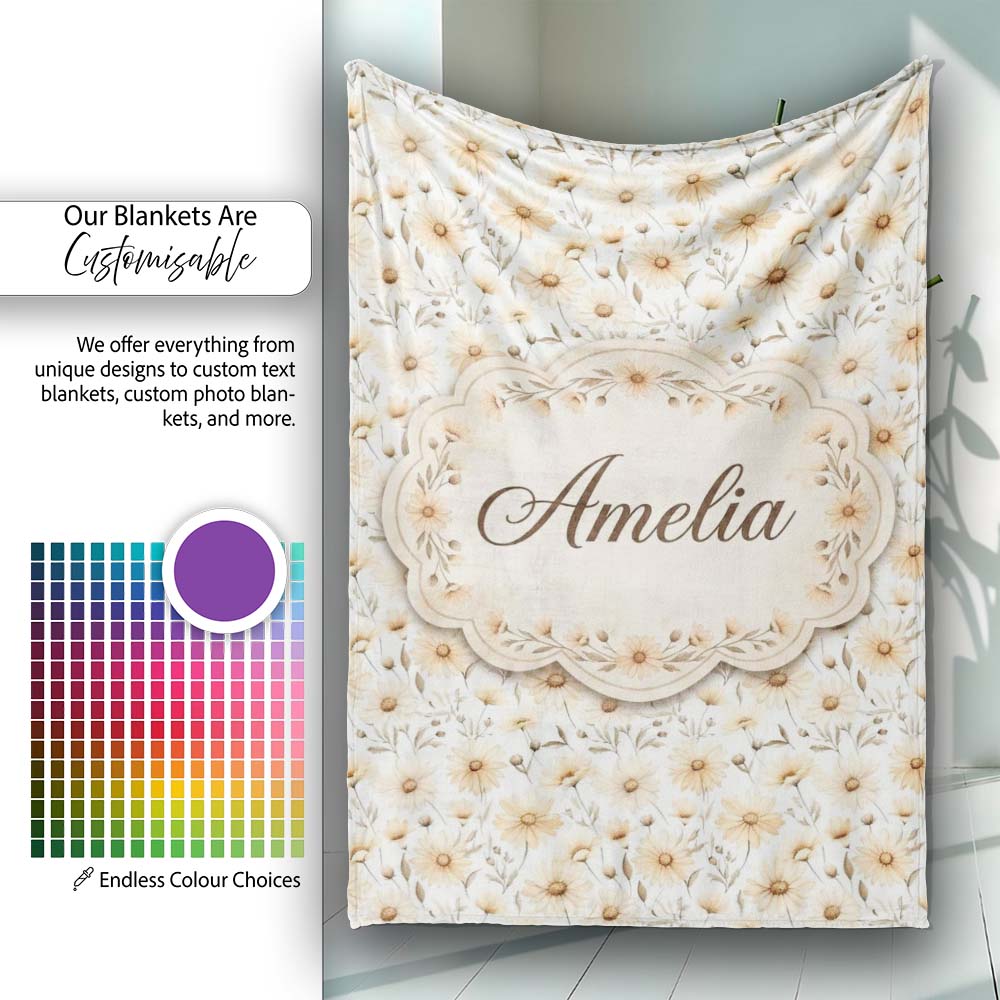 Soft Beige Daisy Floral Botanical Seamless Pattern Cute Unique Gift  Personalised Custom Name Super Soft Fleece Blanket Bed Sofa Throw
