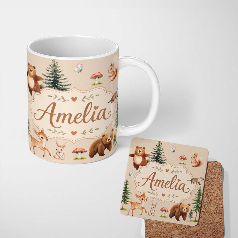 Personalized Custom Name Bear Bunny Deer Squirrel Trees Mushrooms Butterfly Soft Beige 11oz Ceramic Coffee Tea Mug White Large Handle