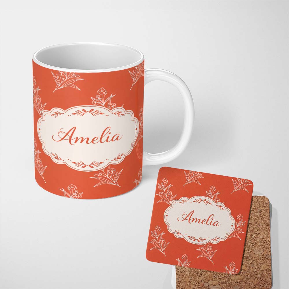 Personalized Custom Name Minimal White Floral Line Art Orange Background Seamless Pattern 11oz Ceramic Coffee Tea Mug White Large Handle