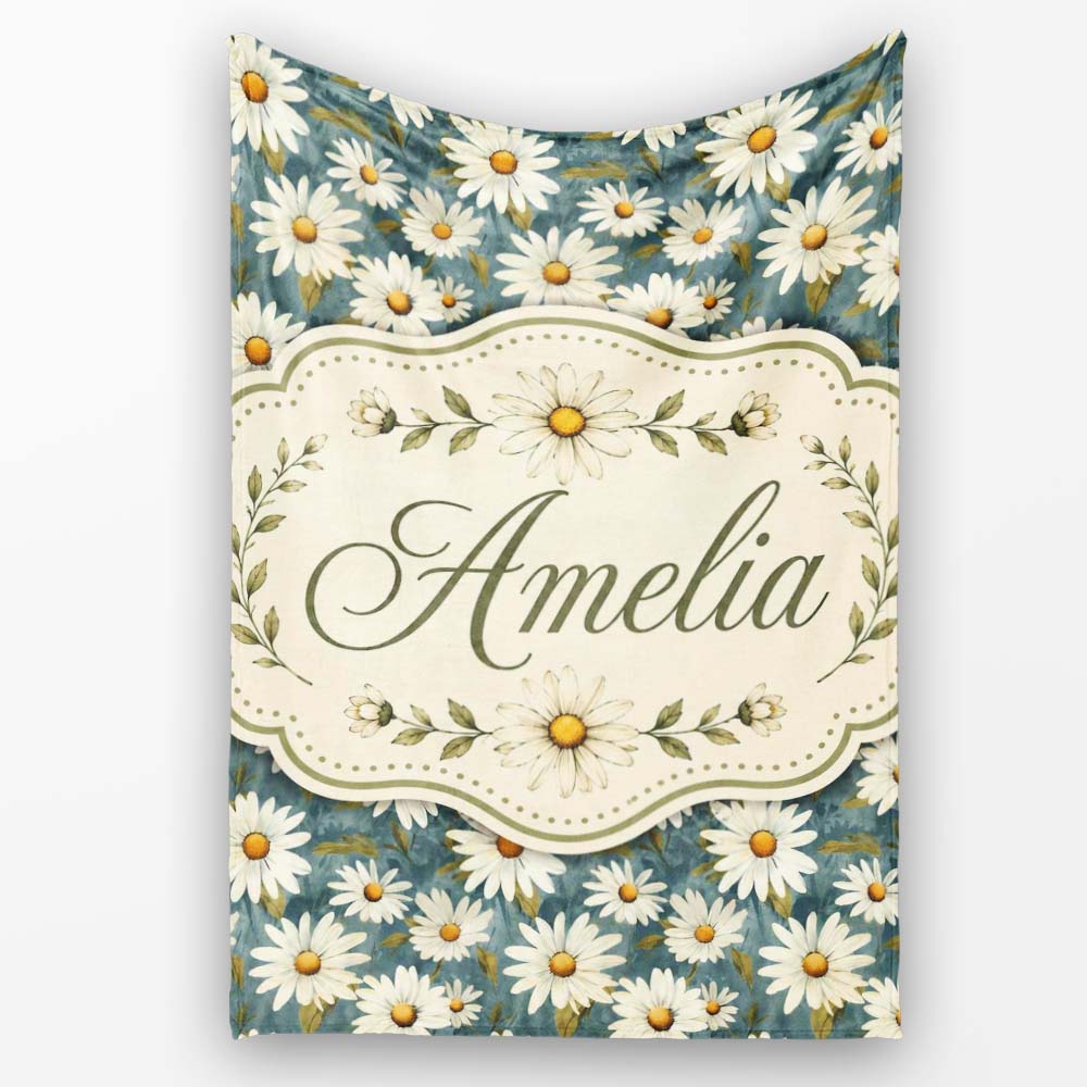 Dark Teal Background White Daisy Floral Seamless Pattern Lovely  Personalised Custom Name Super Soft Fleece Blanket Bed Sofa Throw