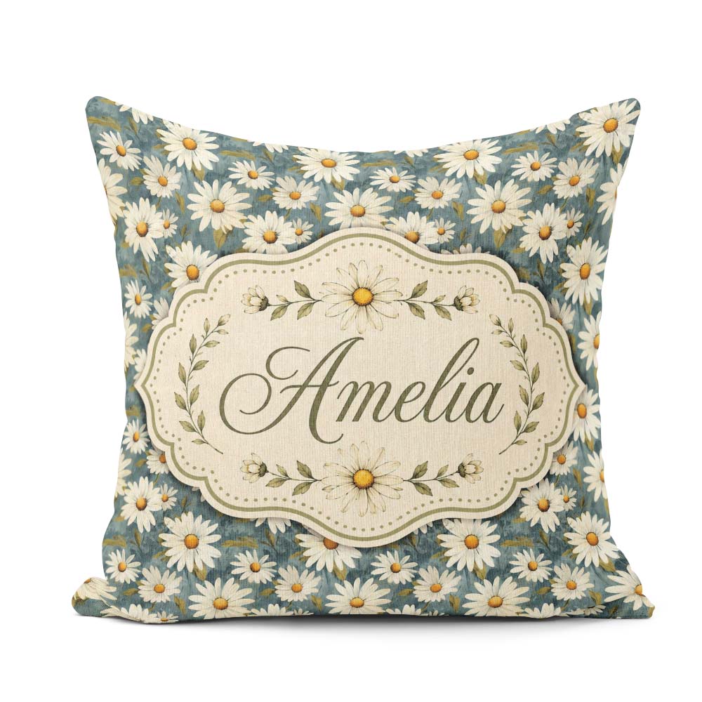 Custom Name Dark Teal White Daisy Floral Seamless Pattern Lovely Square Filled Cushion Throw Pillow Sofa Bed Home Decor Zip Washable UK Made