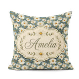Custom Name Dark Teal White Daisy Floral Seamless Pattern Lovely Square Filled Cushion Throw Pillow Sofa Bed Home Decor Zip Washable UK Made