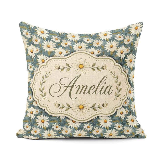 Custom Name Dark Teal White Daisy Floral Seamless Pattern Lovely Square Filled Cushion Throw Pillow Sofa Bed Home Decor Zip Washable UK Made