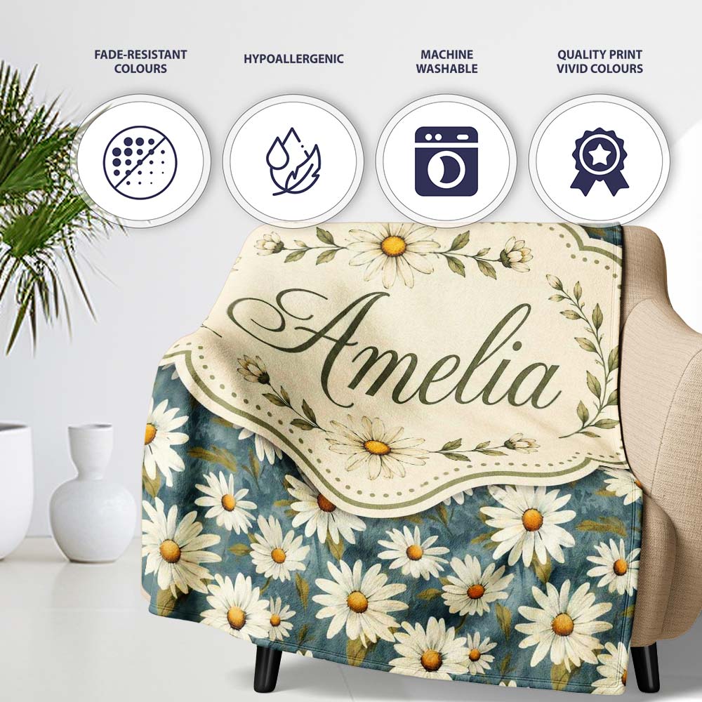 Dark Teal Background White Daisy Floral Seamless Pattern Lovely  Personalised Custom Name Super Soft Fleece Blanket Bed Sofa Throw