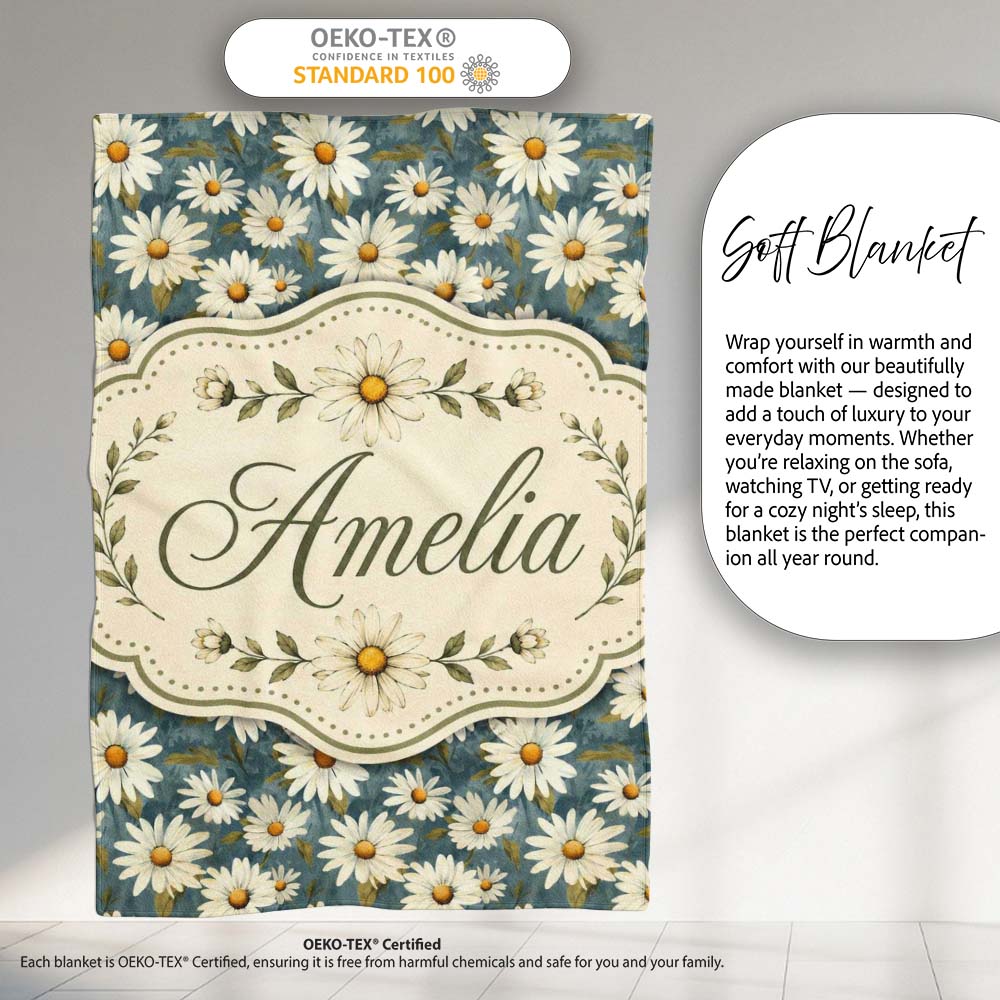 Dark Teal Background White Daisy Floral Seamless Pattern Lovely  Personalised Custom Name Super Soft Fleece Blanket Bed Sofa Throw