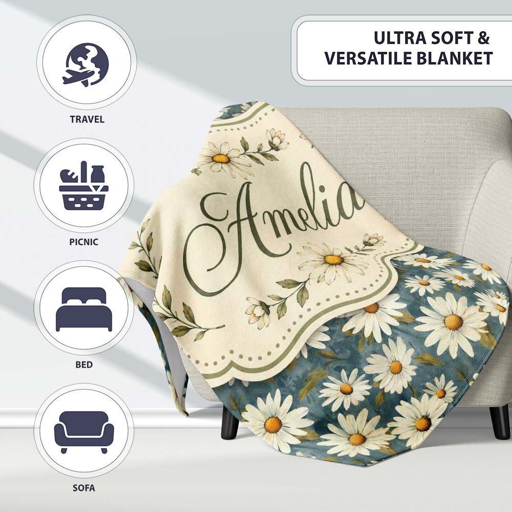 Dark Teal Background White Daisy Floral Seamless Pattern Lovely  Personalised Custom Name Super Soft Fleece Blanket Bed Sofa Throw