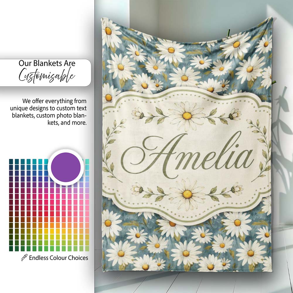 Dark Teal Background White Daisy Floral Seamless Pattern Lovely  Personalised Custom Name Super Soft Fleece Blanket Bed Sofa Throw