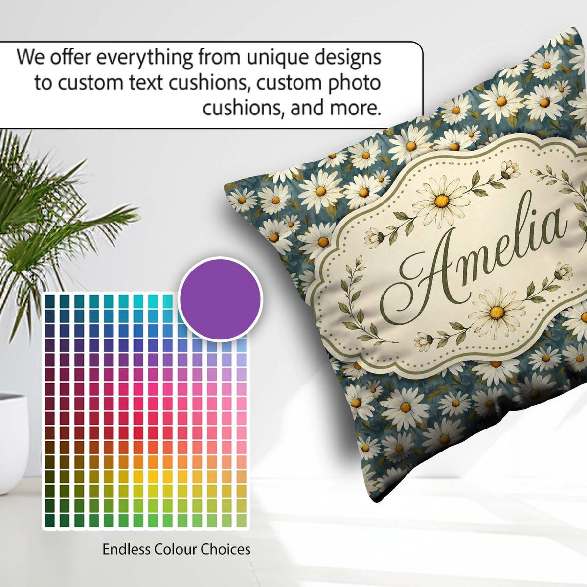 Custom Name Dark Teal White Daisy Floral Seamless Pattern Lovely Square Filled Cushion Throw Pillow Sofa Bed Home Decor Zip Washable UK Made