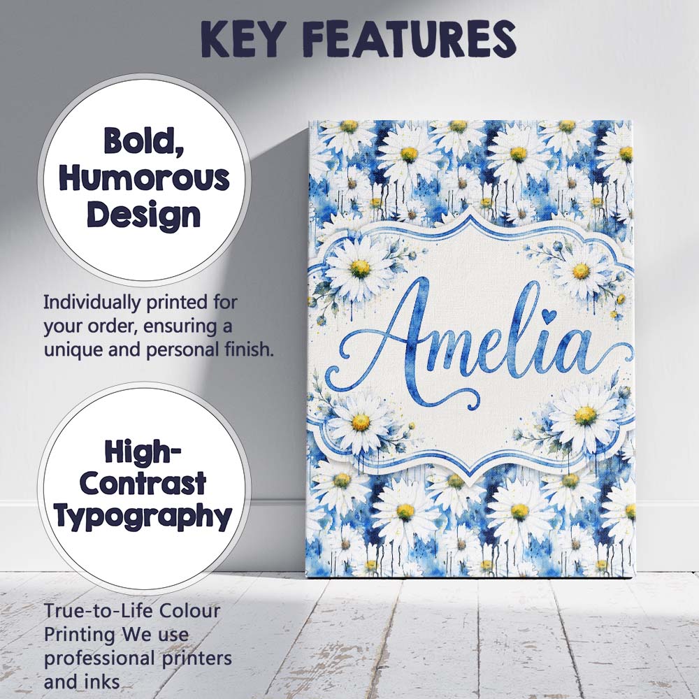 Personalised Name Blue Watercolor Drip Custom  Modern Room Accent Elegant Feature Canvas Wall Art Print Decor Picture Ready to Hang