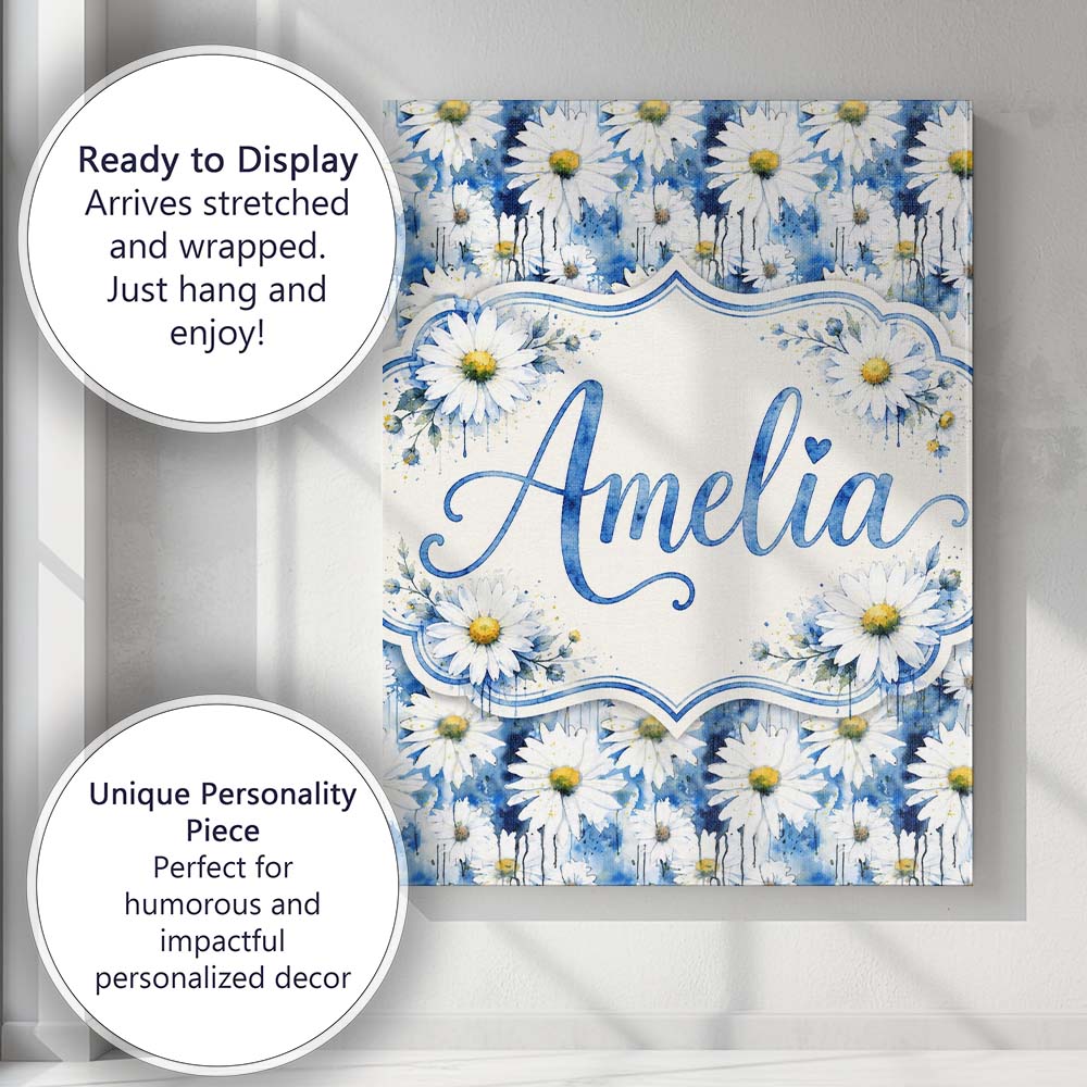Personalised Name Blue Watercolor Drip Custom  Modern Room Accent Elegant Feature Canvas Wall Art Print Decor Picture Ready to Hang